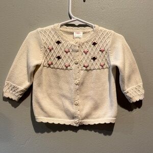 Gymboree 100% Cotton Cream Knit Cardigan with Pink Rose Accents Textured Sleeves